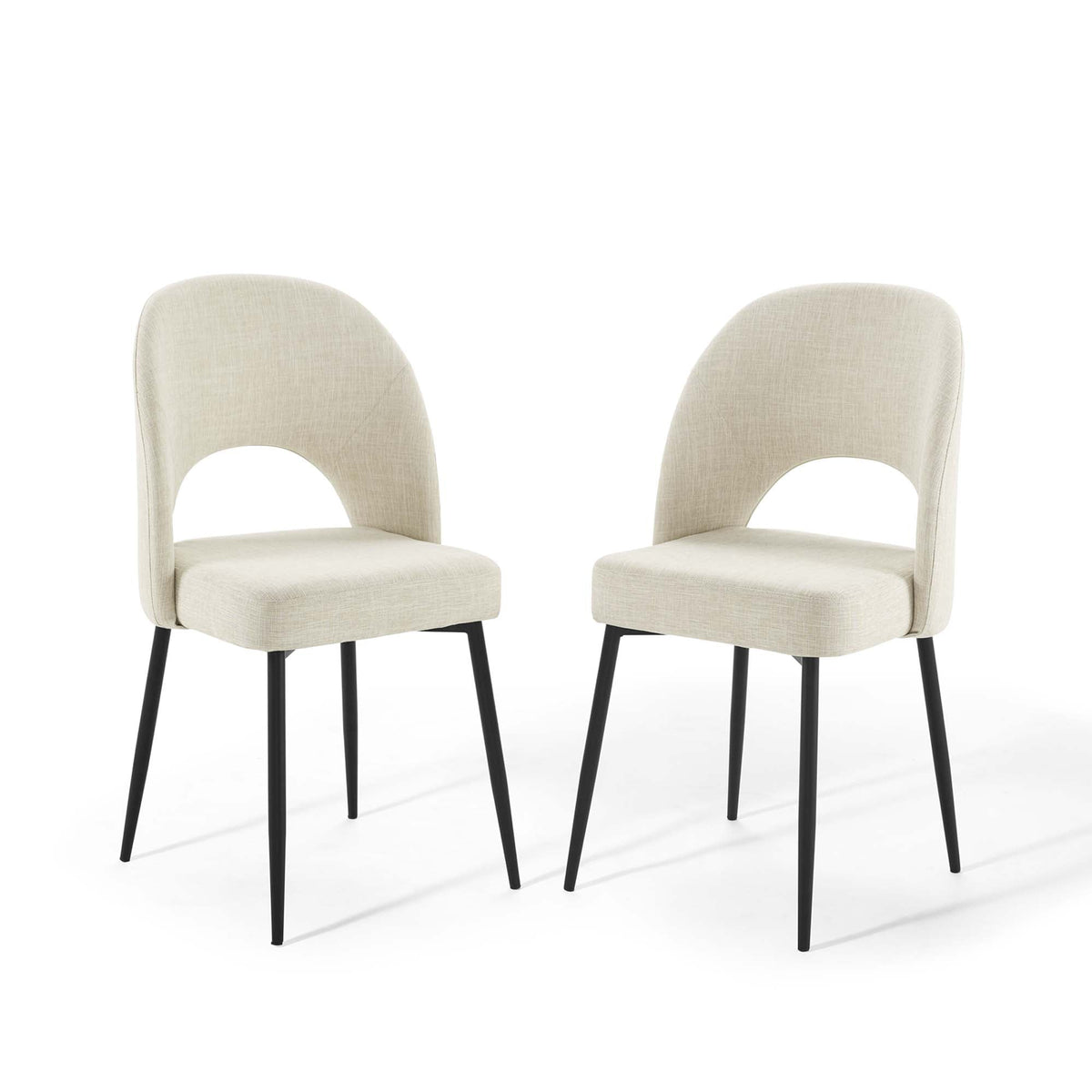 Rouse upholstered fabric dining side chair pair in beige with curved back and circular cutout, black legs on Tampa Home & Garden Store