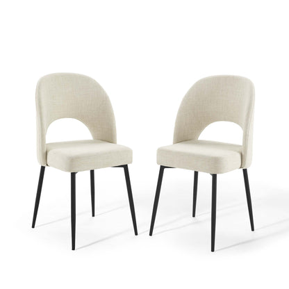 Rouse upholstered fabric dining side chair pair in beige with curved back and circular cutout, black legs on Tampa Home & Garden Store