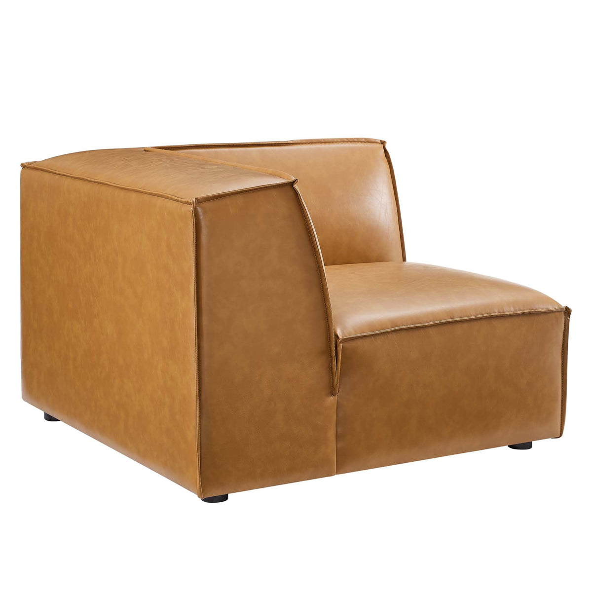 Tan vegan leather corner chair from Restore sectional with stitched seams HouseOfZazla on Tampa Home & Garden Store
