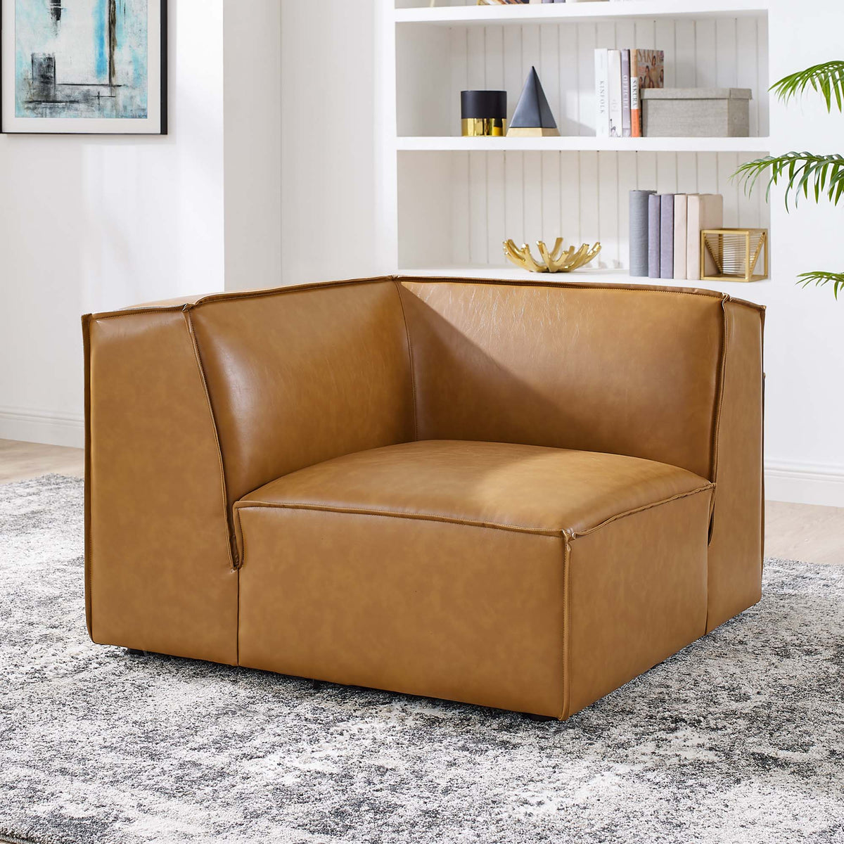Restore vegan leather sectional corner chair in tan brown with clean lines on Tampa Home & Garden Store