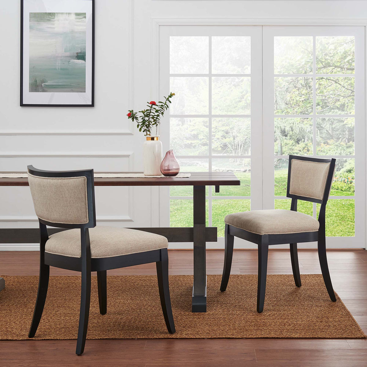 Pristine Upholstered Dining Chairs set of 2 with beige upholstery and dark wood legs by Modway on Tampa Home & Garden Store