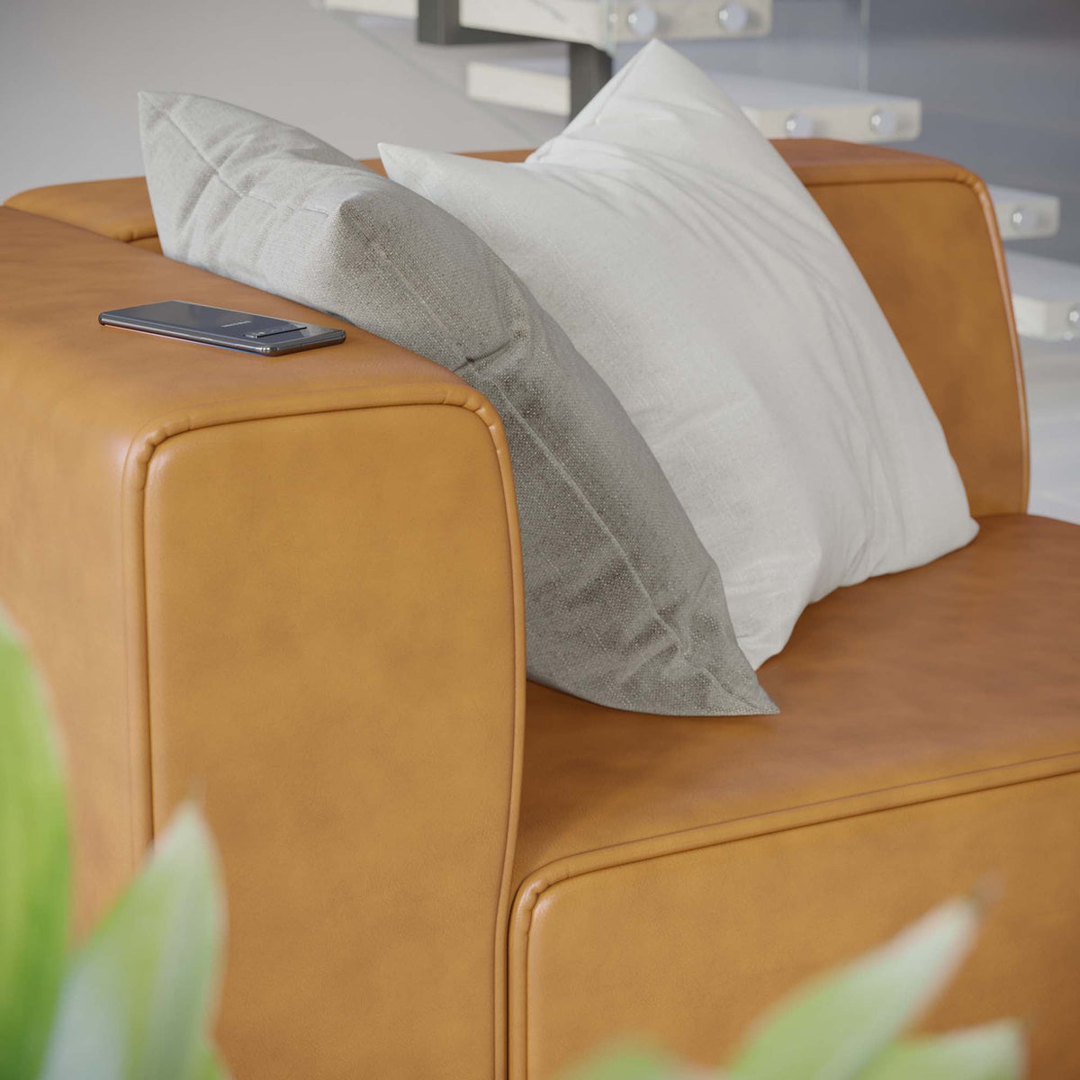 Mingle vegan leather left-arm chair by Modway, tan upholstery with gray and white cushions on Tampa Home & Garden Store