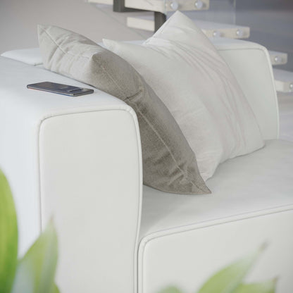 Mingle vegan leather left-arm chair Modway in white with gray pillow and phone on armrest on Tampa Home & Garden Store