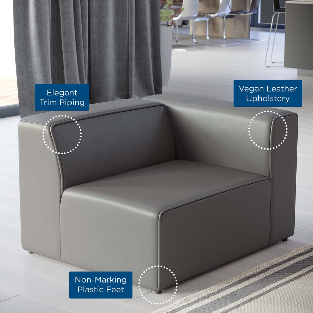 Mingle Vegan Leather Right-Arm Chair by Modway in gray vegan leather upholstery with non-marking plastic feet on Tampa Home & Garden Store