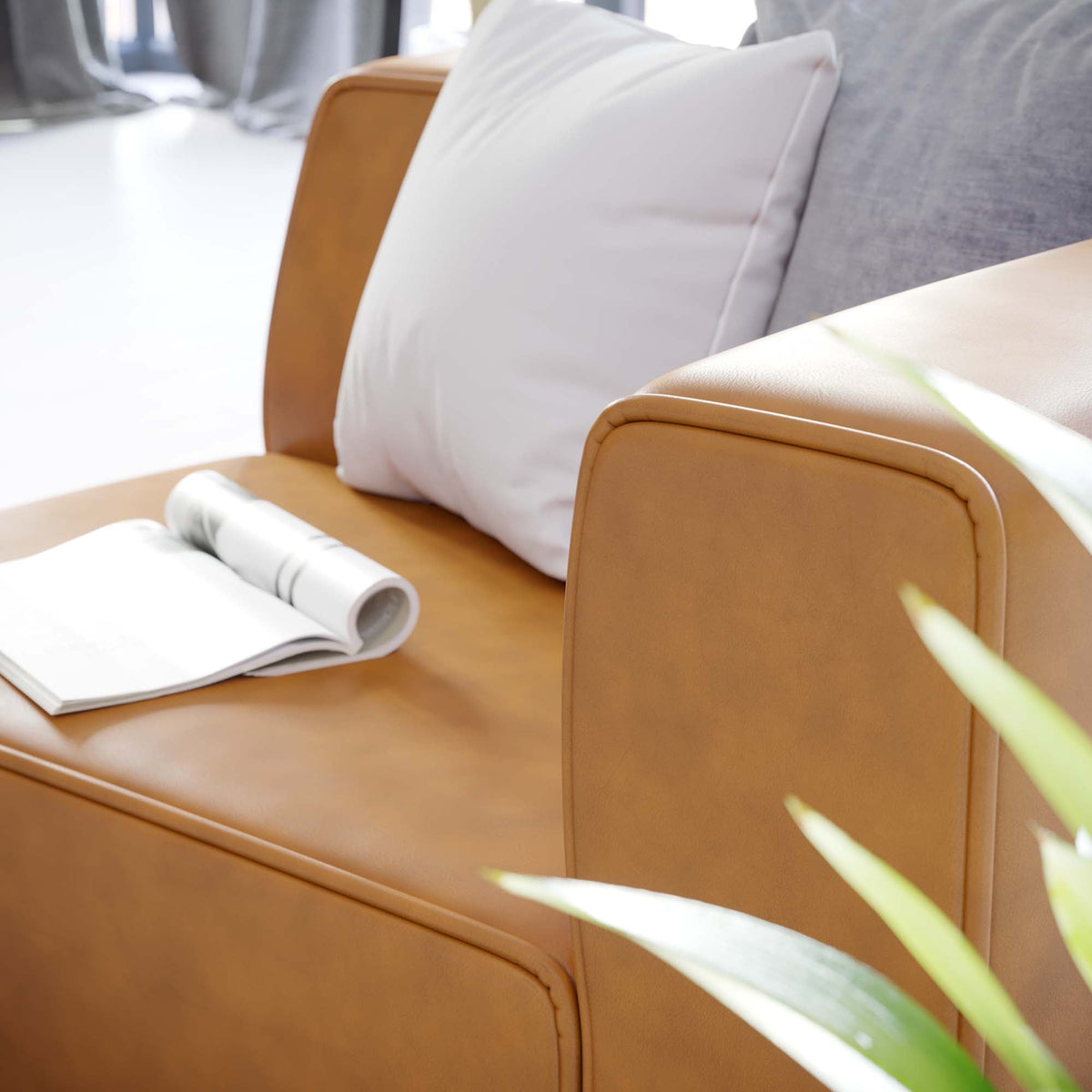 Mingle vegan leather right-arm chair by Modway, tan with wooden armrests on Tampa Home & Garden Store