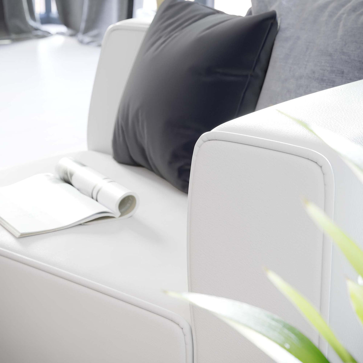 Mingle vegan leather right-arm chair with black cushion on white frame on Tampa Home & Garden Store