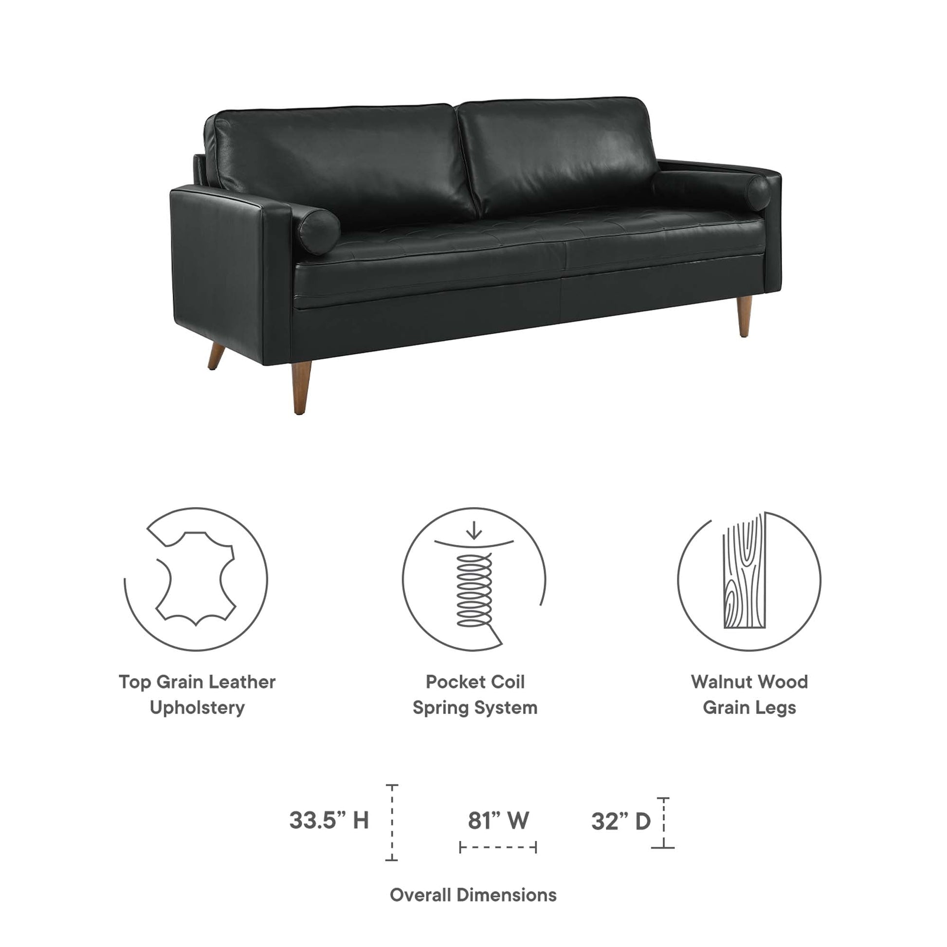 Valour 81in Leather Sofa black with walnut wood legs on Tampa Home & Garden Store