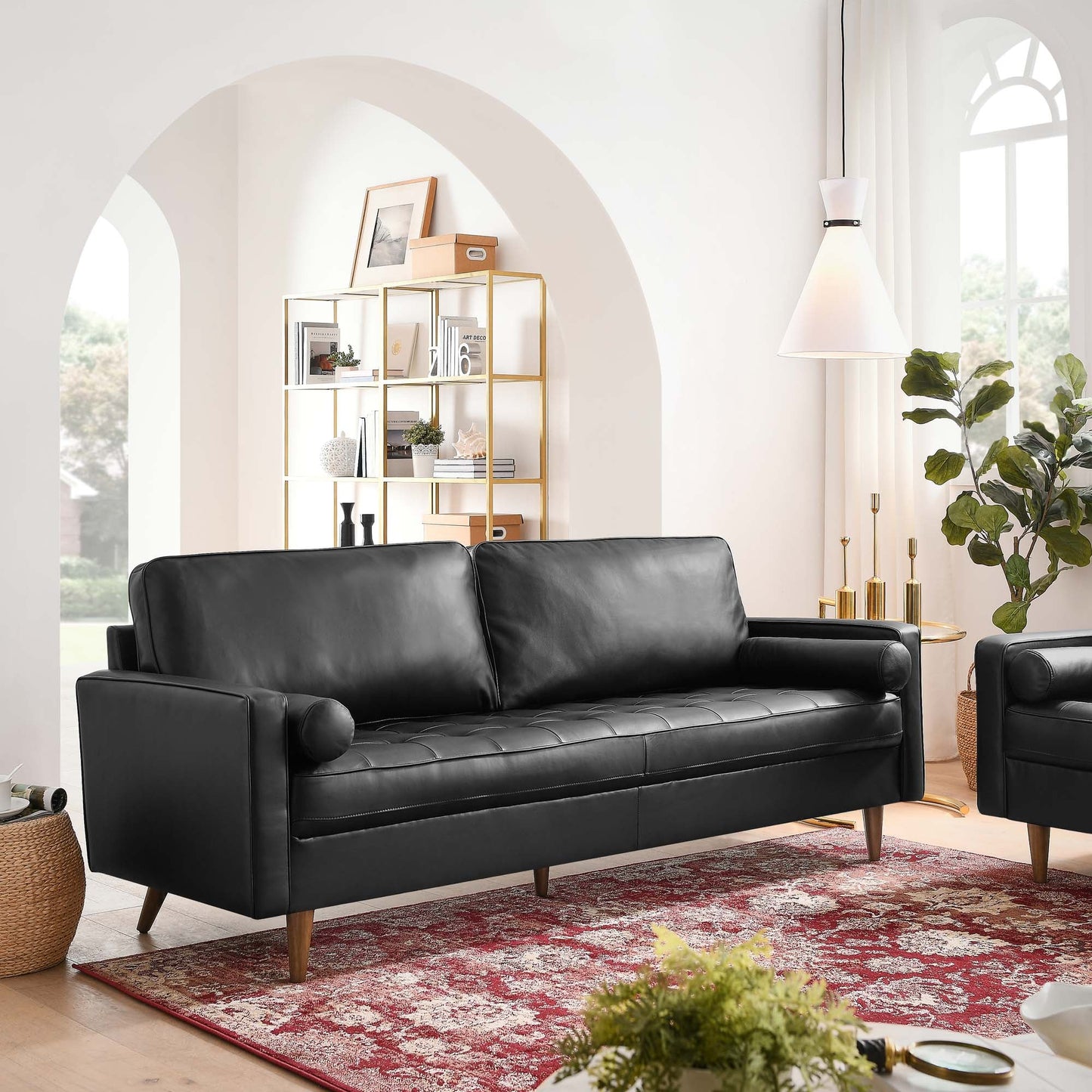 Valour 81in leather sofa by Modway, black leather with wooden legs in a modern living room on Tampa Home & Garden Store