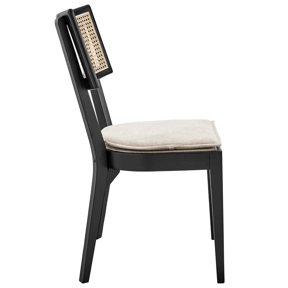 Caledonia Wood Dining Chair by Modway, black wood frame with cane back and beige cushion on Tampa Home & Garden Store