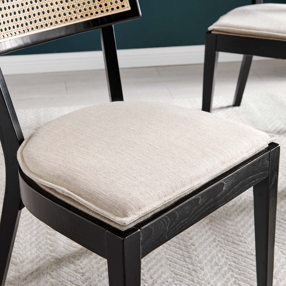 Caledonia Wood Dining Chairs by Modway, black frames with beige cushions and caned backs on Tampa Home & Garden Store