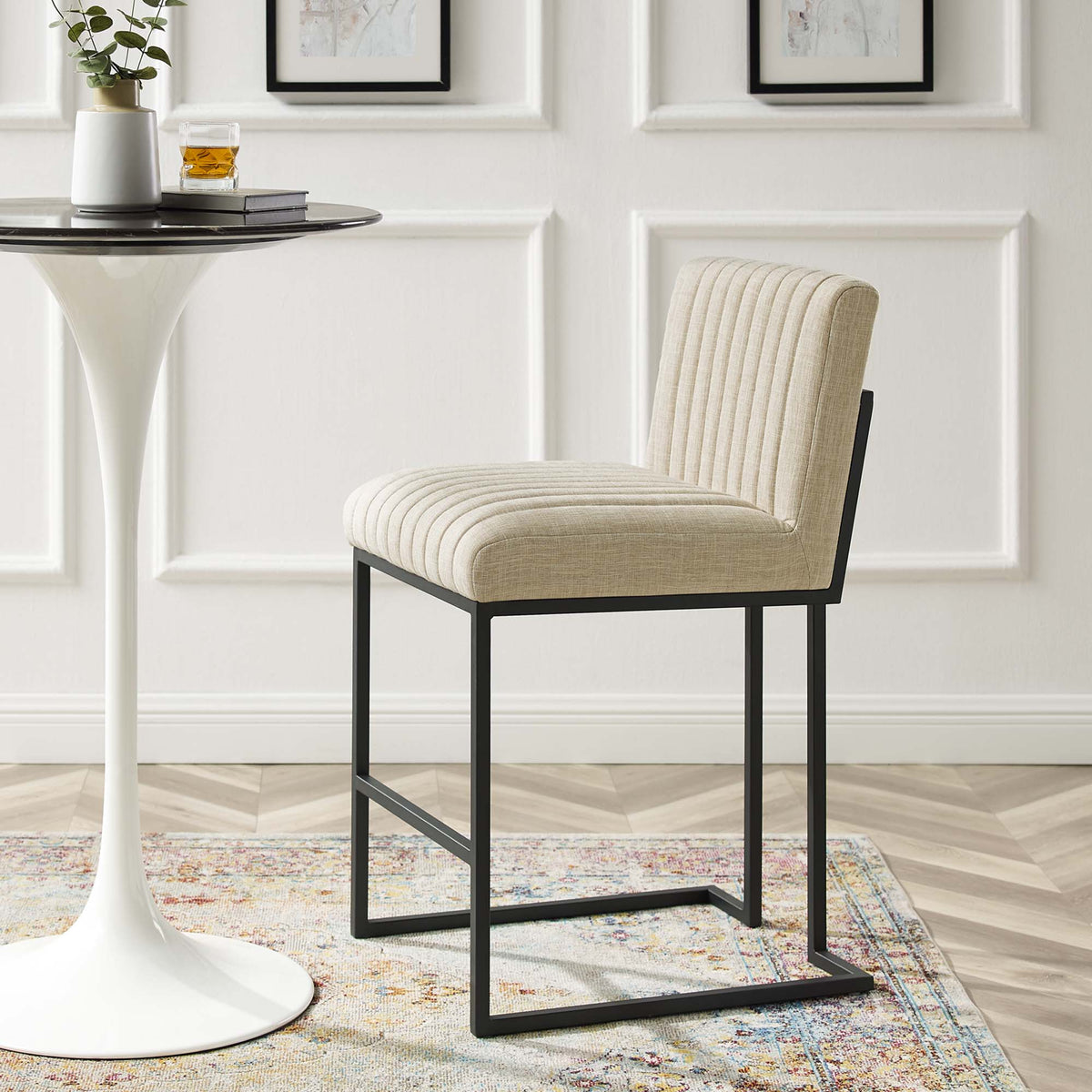 Indulge Channel Tufted Fabric Counter Stool beige upholstery with black metal legs on Tampa Home & Garden Store