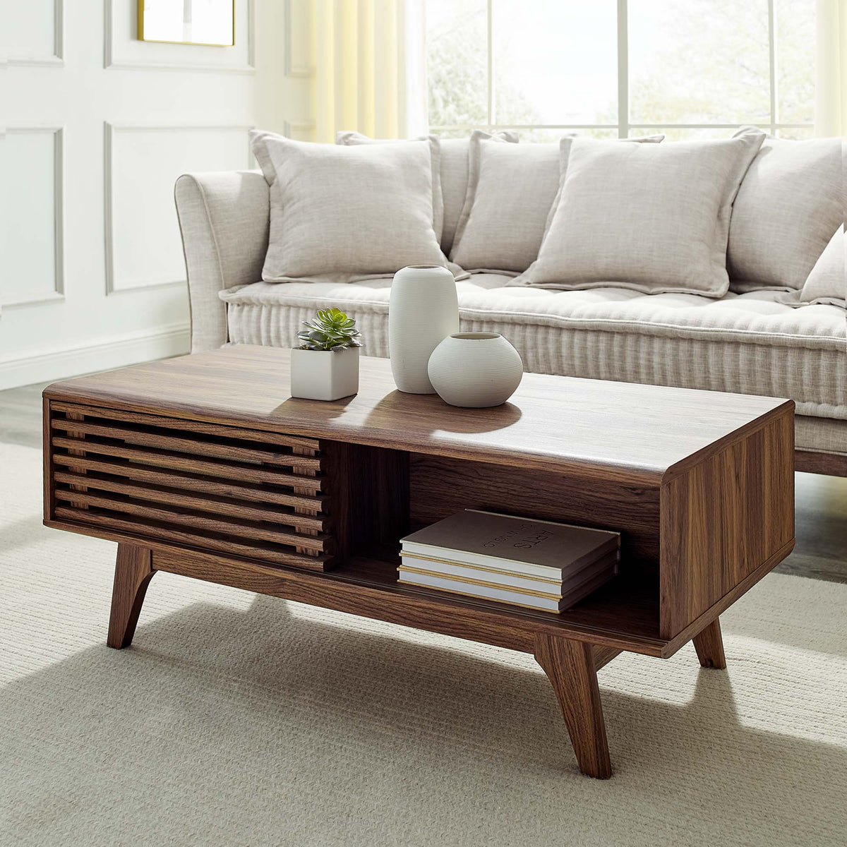 Render Coffee Table with dark walnut finish and slatted wood sides beside a beige sofa on Tampa Home & Garden Store