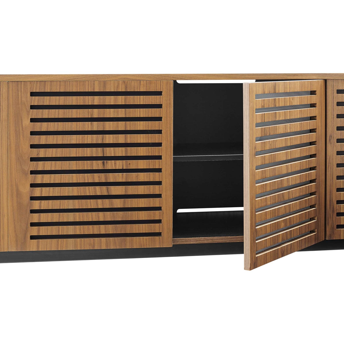 Parker 73in Walnut TV Stand by Modway with slatted walnut doors and black center panel on Tampa Home & Garden Store