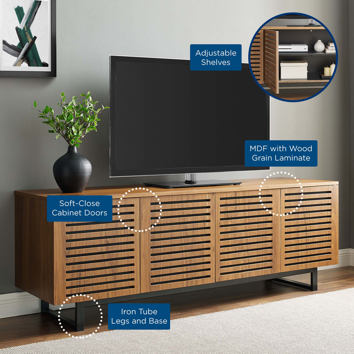 Parker 73in Walnut TV Stand by Modway with slatted doors and iron tube legs on Tampa Home & Garden Store