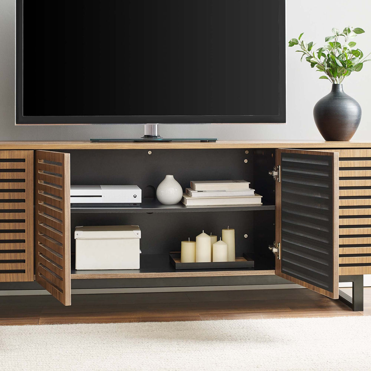 Parker 73in Walnut TV Stand by Modway, walnut wood console with slatted doors and glass top on Tampa Home & Garden Store