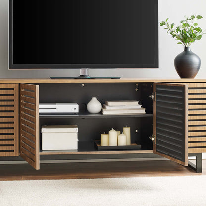 Parker 73in Walnut TV Stand by Modway, walnut wood console with slatted doors and glass top on Tampa Home & Garden Store