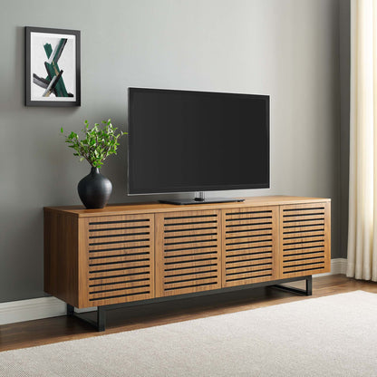 Parker 73in Walnut TV Stand by Modway, walnut veneer with slatted doors and black metal base on Tampa Home & Garden Store