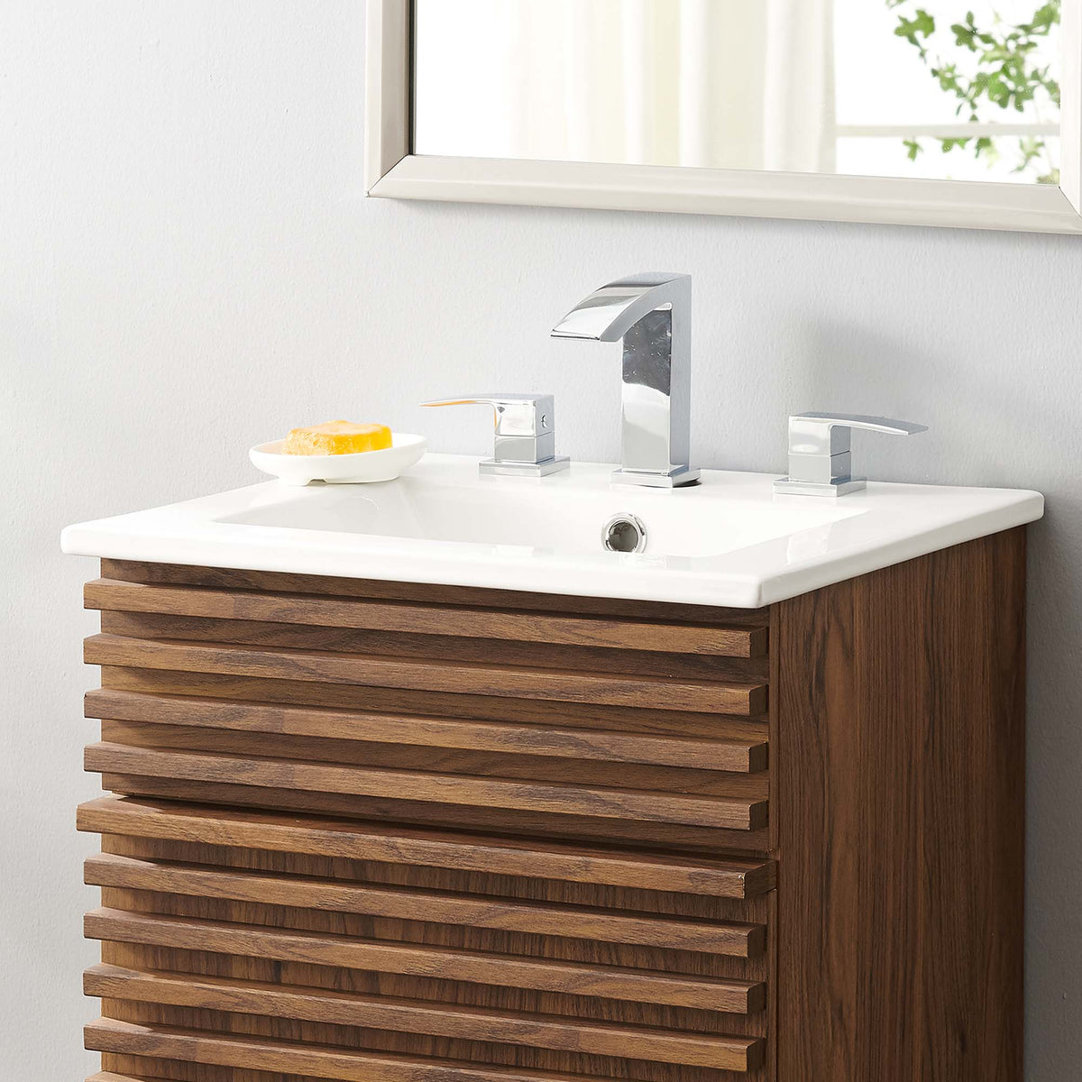 Cayman bathroom sink by Modway with chrome faucet on white countertop and slatted wood vanity on Tampa Home & Garden Store