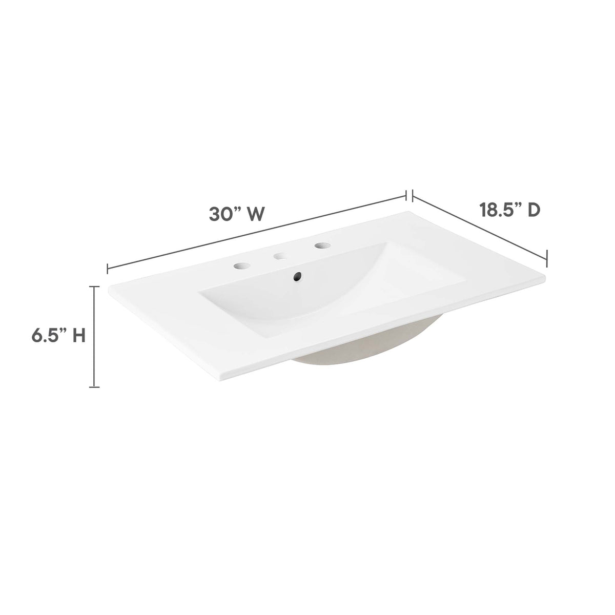 Cayman bathroom sink by Modway, white rectangular basin with three faucet holes, 30W x 18.5D x 6.5H on Tampa Home & Garden Store