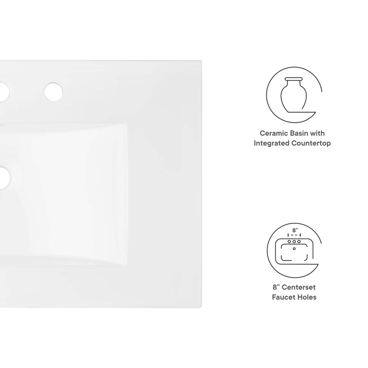 Cayman bathroom sink by Modway, white ceramic basin with integrated countertop, 8-in faucet holes on Tampa Home & Garden Store