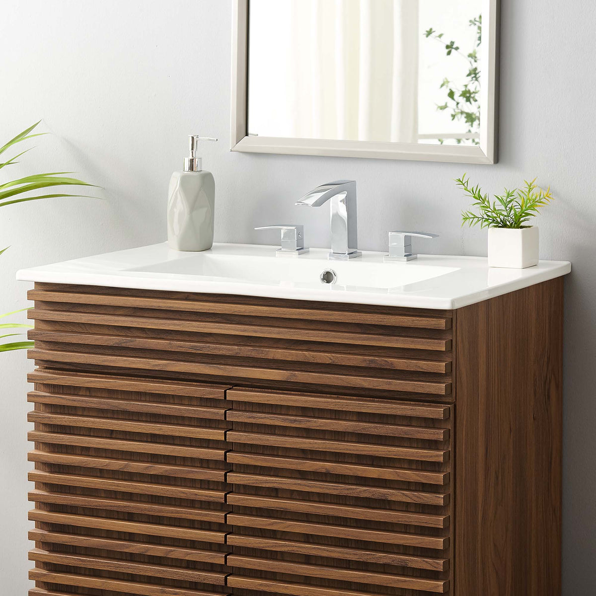 Cayman bathroom sink by Modway with white countertop and wooden slatted vanity on Tampa Home & Garden Store