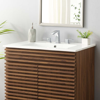 Cayman bathroom sink by Modway with white countertop and wooden slatted vanity on Tampa Home & Garden Store