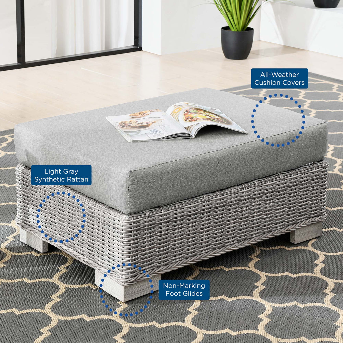 Conway Outdoor Wicker Ottoman by Modway, light gray synthetic rattan with cushioned top on Tampa Home & Garden Store