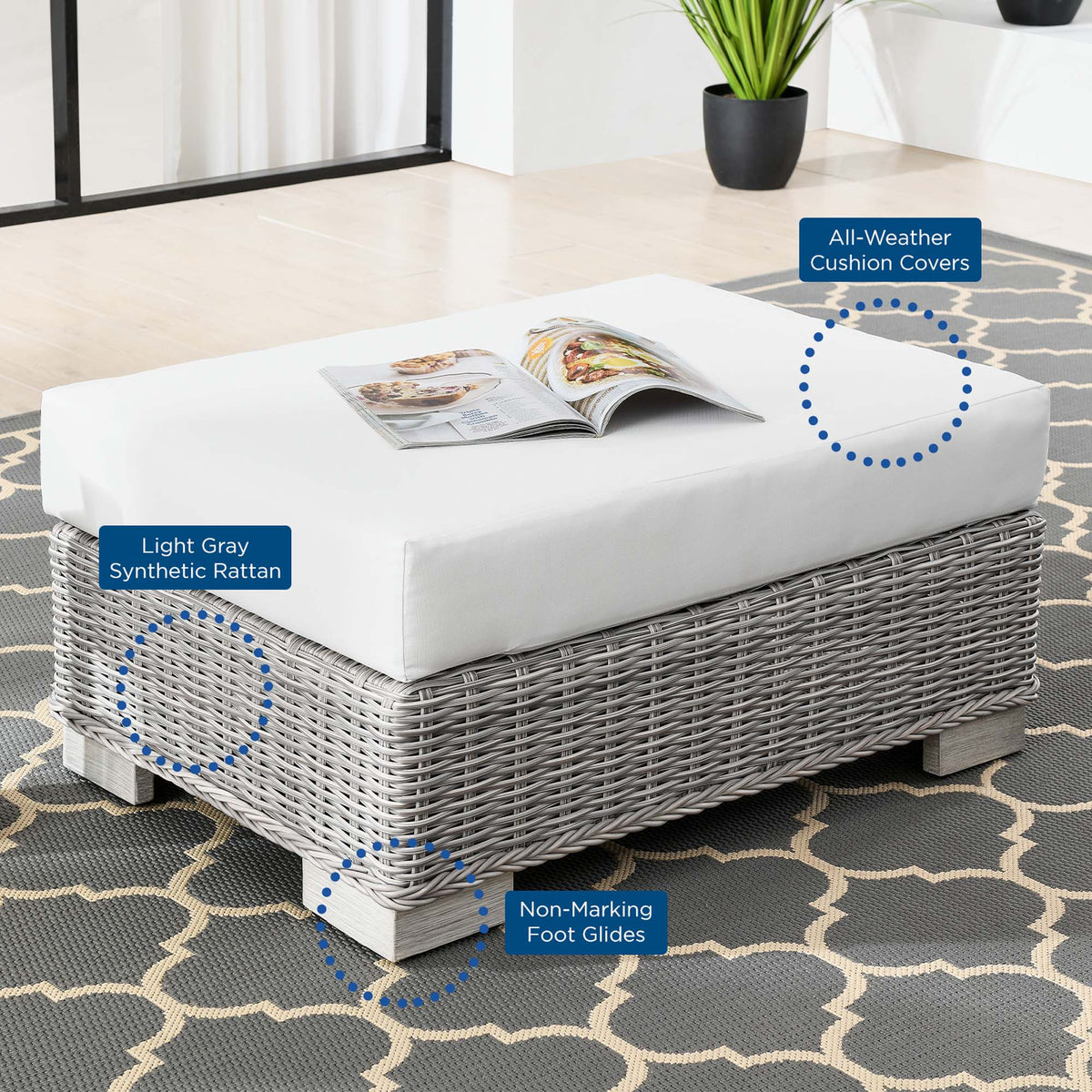 Conway Wicker Rattan Ottoman, light gray synthetic rattan with white cushion on patio on Tampa Home & Garden Store