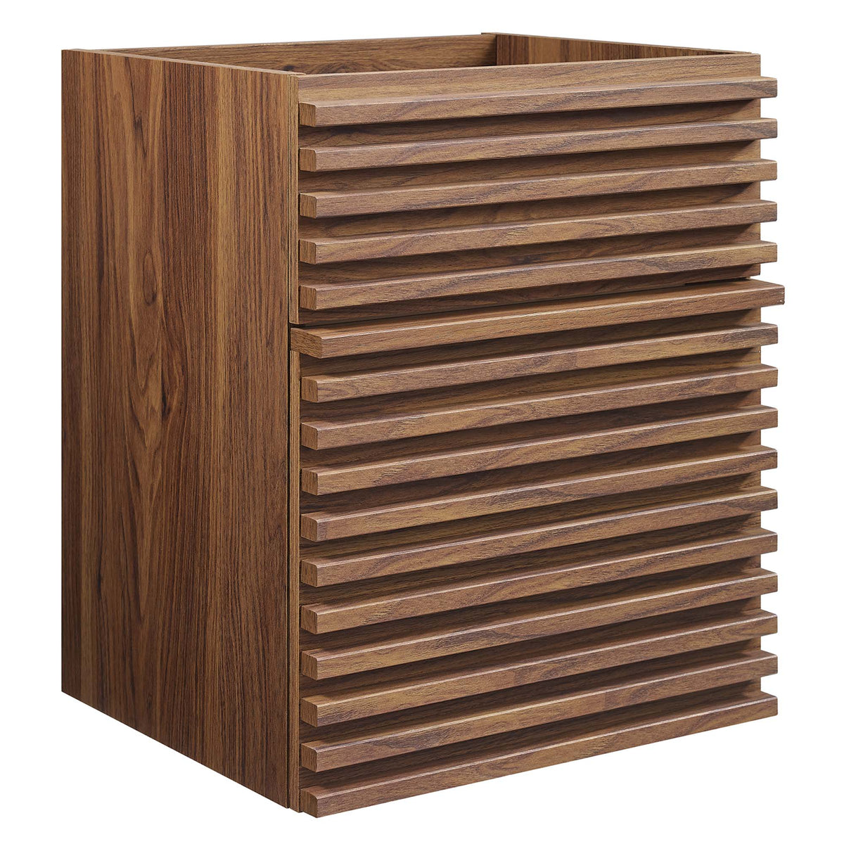 Render 18-inch wall-mount walnut bathroom vanity cabinet with horizontal slatted front on Tampa Home & Garden Store