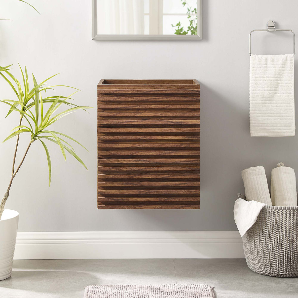 Render 18in walnut wall-mount bathroom vanity cabinet with horizontal wood grain by Modway on Tampa Home & Garden Store