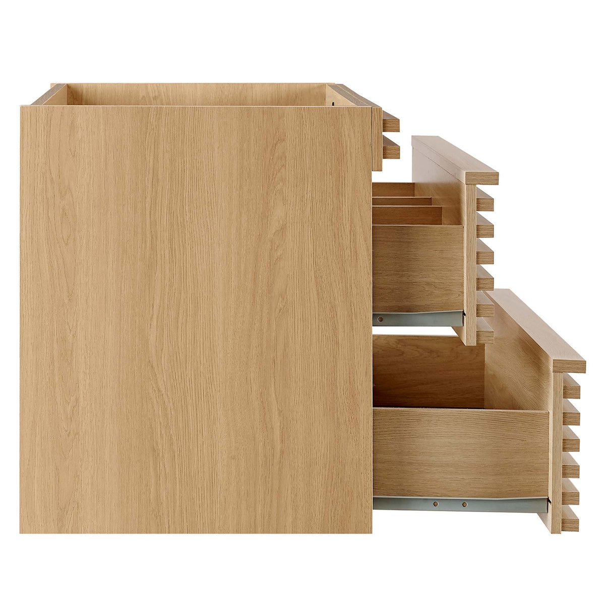 Render wall-mount bathroom vanity cabinet in light oak with right-side stacked drawers on Tampa Home & Garden Store