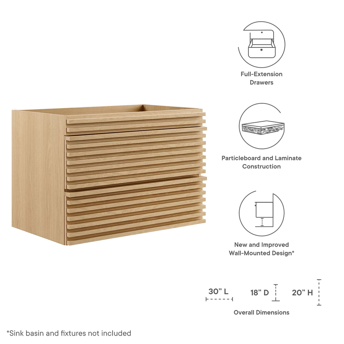 Render wall-mount bathroom vanity cabinet in natural wood with slatted front 30in long by Modway on Tampa Home & Garden Store
