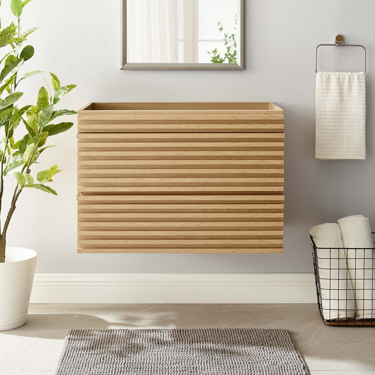Render Wall-Mount Bathroom Vanity Cabinet by Modway in natural wood with slatted front on Tampa Home & Garden Store