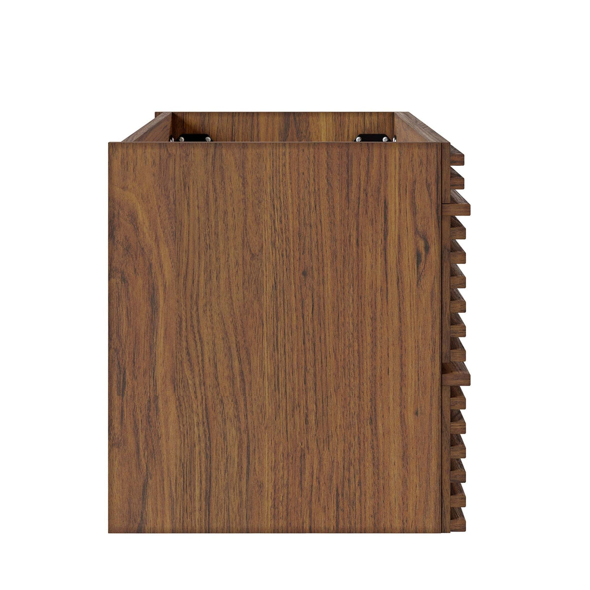 Render wall-mount bathroom vanity cabinet in warm wood grain finish with metal hinges on Tampa Home & Garden Store
