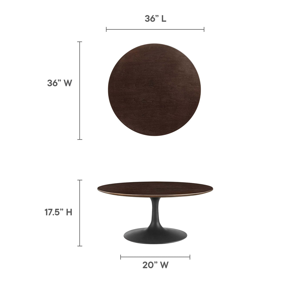 Lippa 36in round wood coffee table with dark brown top and black pedestal base by Modway on Tampa Home & Garden Store