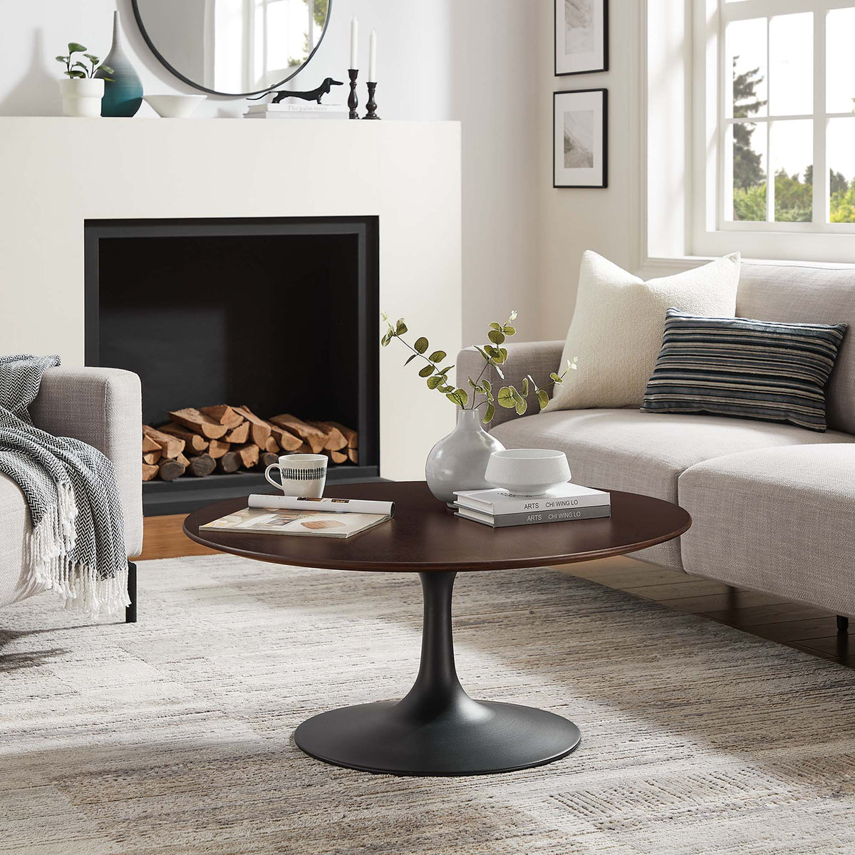 Lippa 36in Round Wood Coffee Table by Modway with dark wood top and black pedestal base EEI-4882 on Tampa Home & Garden Store
