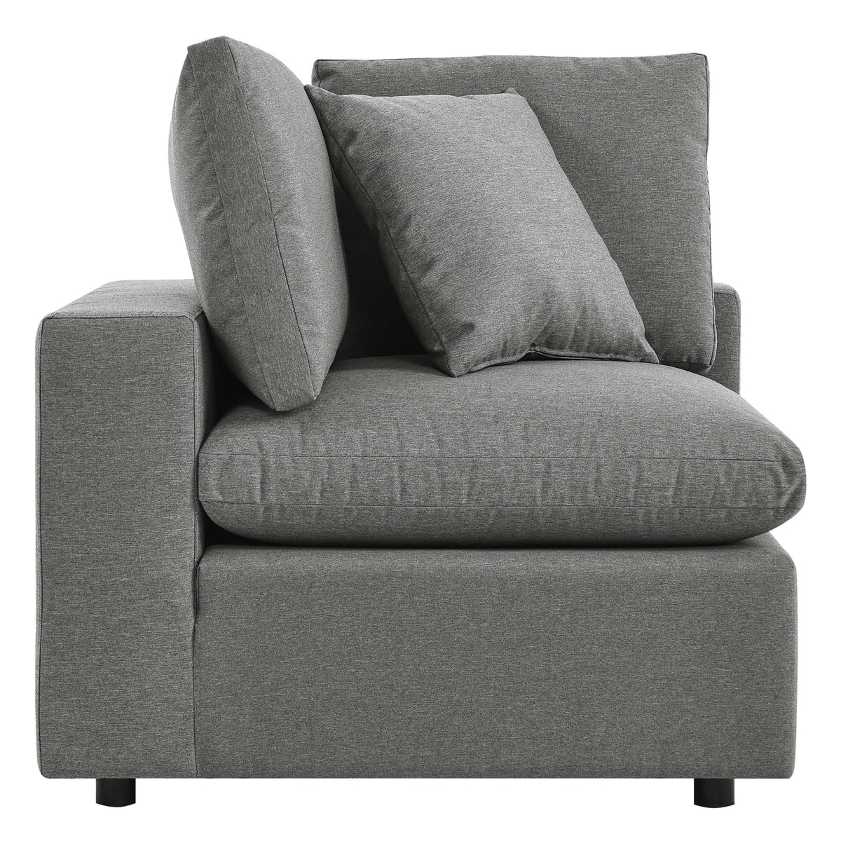 Commix Overstuffed Outdoor Patio Corner Chair grey fabric with plush cushions and black legs on Tampa Home & Garden Store