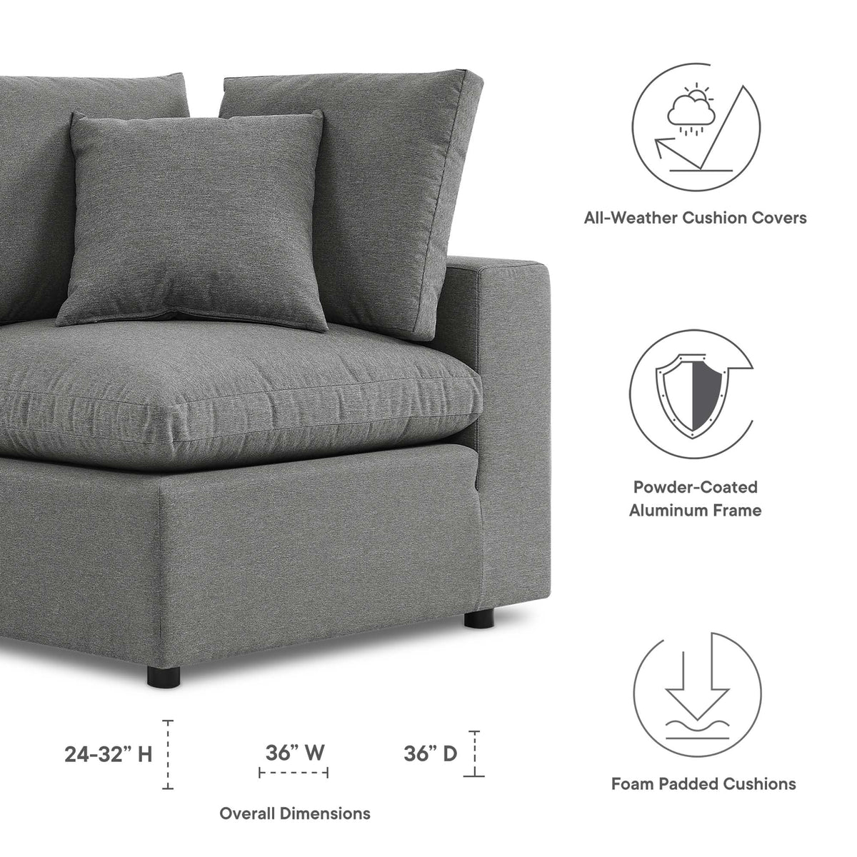 Commix Overstuffed Outdoor Corner Chair by Modway, gray fabric with foam cushions on Tampa Home & Garden Store