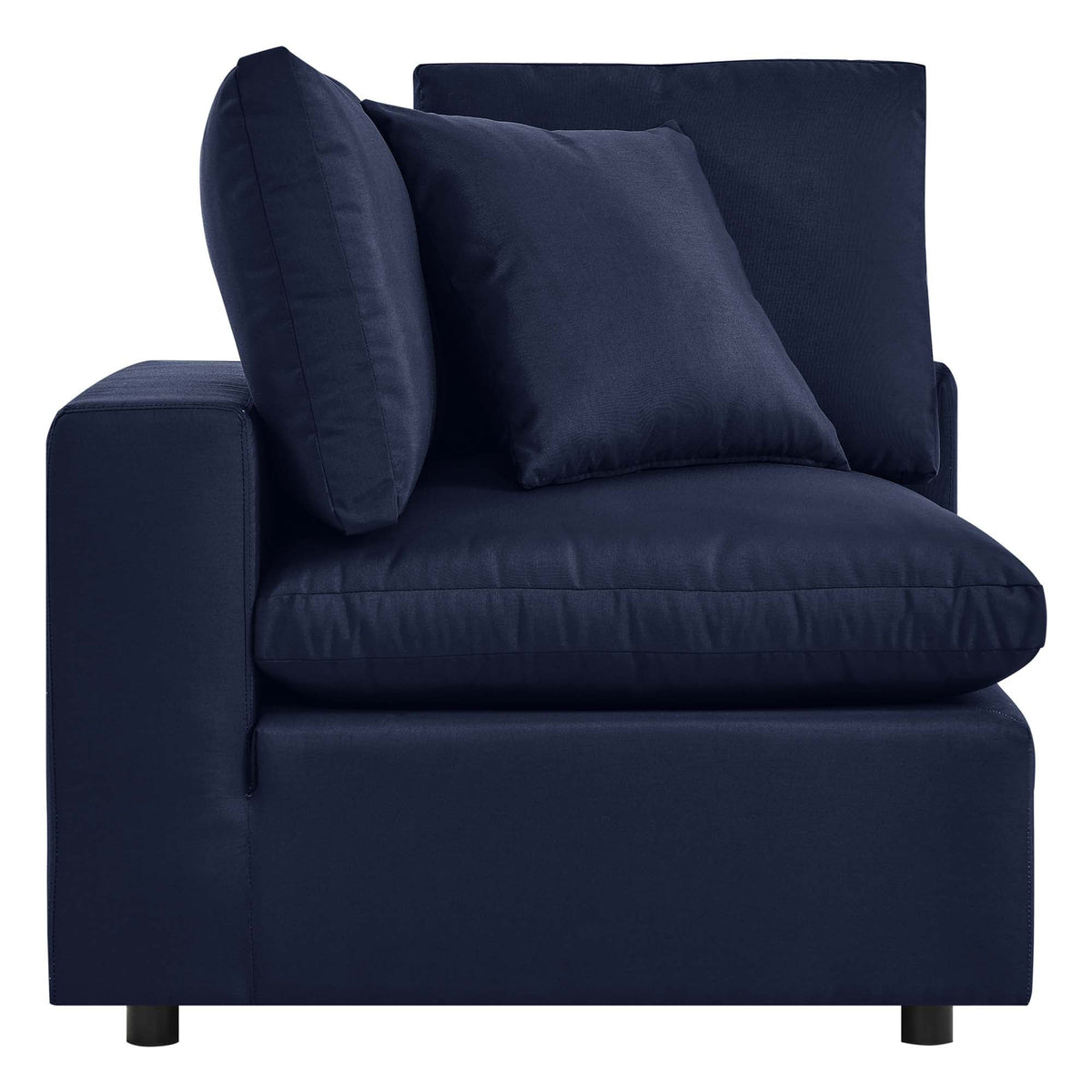 Commix overstuffed outdoor patio corner chair navy fabric with plush cushions and dark legs on Tampa Home & Garden Store