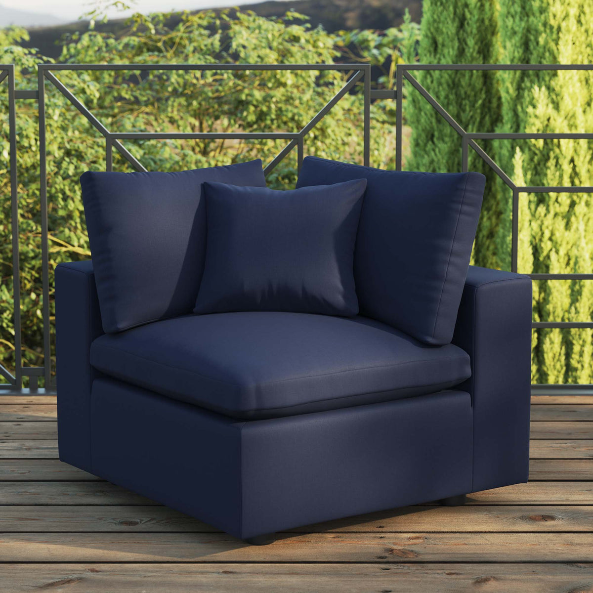 Commix overstuffed outdoor patio corner chair navy cushions with dark metal frame on Tampa Home & Garden Store