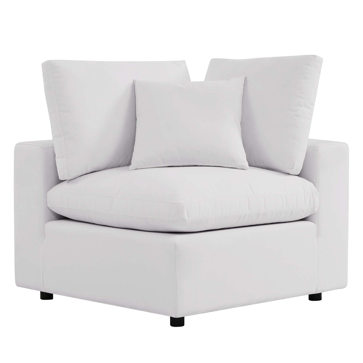 Commix overstuffed outdoor patio corner chair with plush white cushions and a matching pillow on Tampa Home & Garden Store
