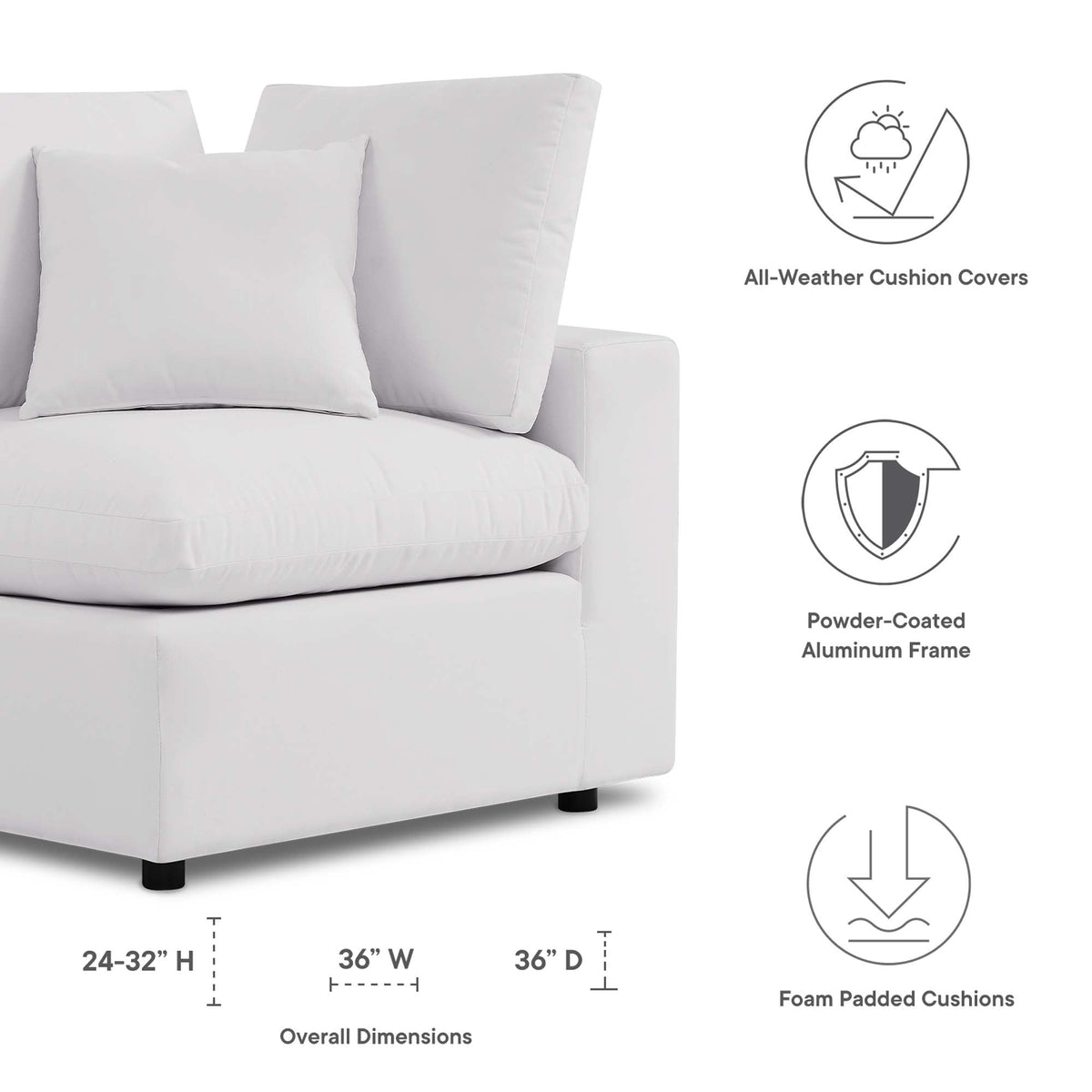 Commix overstuffed outdoor corner chair with white foam cushions on aluminum frame by Modway on Tampa Home & Garden Store