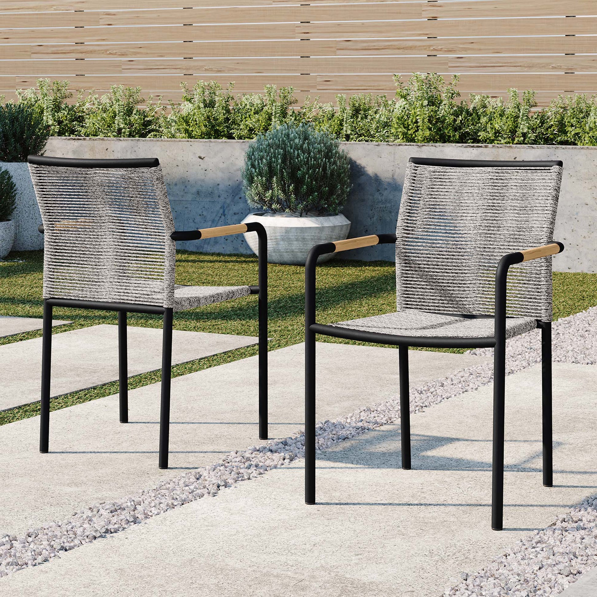 Serenity outdoor patio armchairs set of 2 by Modway, woven rope with black metal frames on Tampa Home & Garden Store