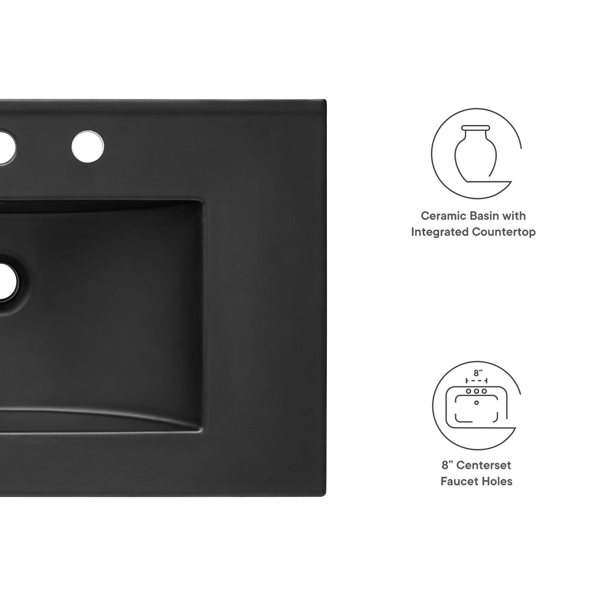 Cayman sink by Modway, black integrated countertop, faucet holes diagram on Tampa Home & Garden Store