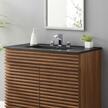 Cayman bathroom sink by Modway with black countertop, wood slatted vanity, chrome faucet on Tampa Home & Garden Store