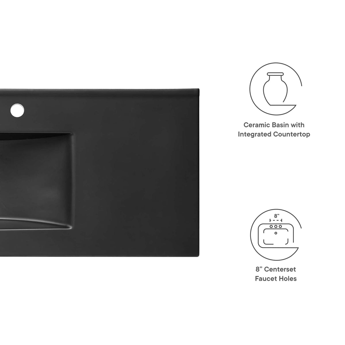 Cayman basin bathroom sink by Modway, black, integrated countertop; faucet holes diagram on Tampa Home & Garden Store