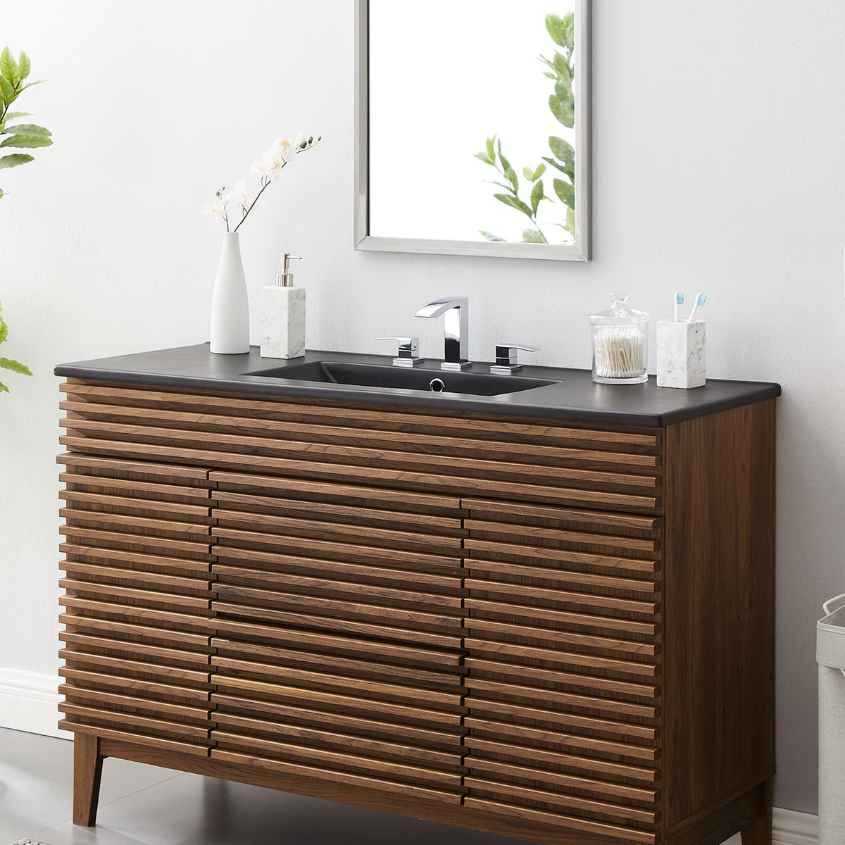 Cayman single basin bathroom sink by Modway on a dark countertop with a slatted wood vanity on Tampa Home & Garden Store