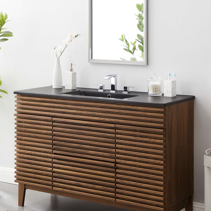 Cayman single basin bathroom sink by Modway on a dark countertop with a slatted wood vanity on Tampa Home & Garden Store