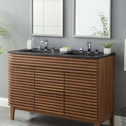 Cayman double-basin bathroom sink with chrome faucets on dark countertop and wood slatted vanity on Tampa Home & Garden Store