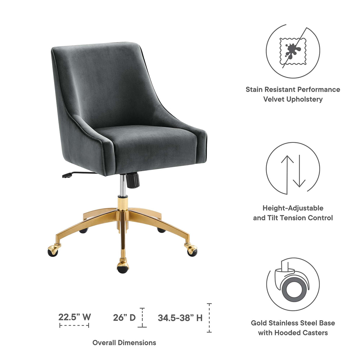 Discern Performance Velvet Office Chair by Modway gray velvet with gold base on Tampa Home & Garden Store